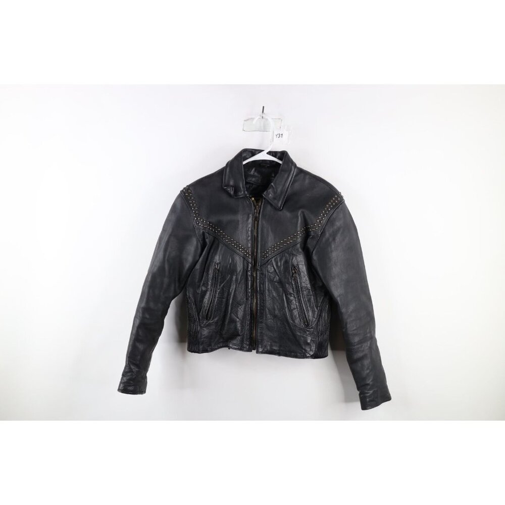Vtg 90s Streetwear Womens S Distressed Lined Studded Leather Motorcycle Jacket
